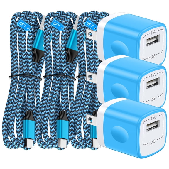 3Pcs Charger Block Wall Charger with 6FT Type-C Cable, Power Adapter Compatible with iPhone 17/16/15 Pro Max, iPad Pro, Galaxy S26, Android Devices,Blue