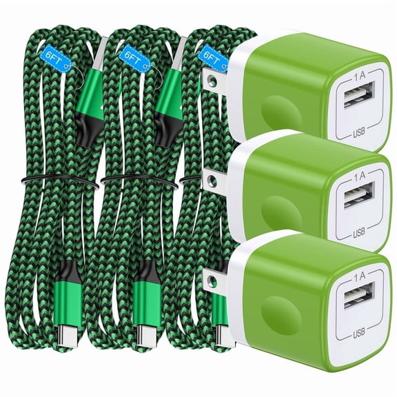 3Pcs Charger Block Wall Charger with 6FT Type-C Cable, Power Adapter Compatible with iPhone 17/16/15 Pro Max, iPad Pro, Galaxy S26, Android Devices,Green