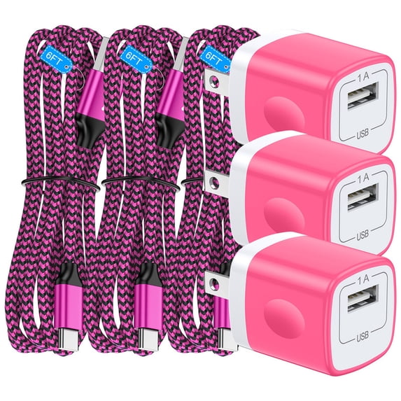 3Pcs Charger Block Wall Charger with 6FT Type-C Cable, Power Adapter Compatible with iPhone 17/16/15 Pro Max, iPad Pro, Galaxy S26, Android Devices,Pink