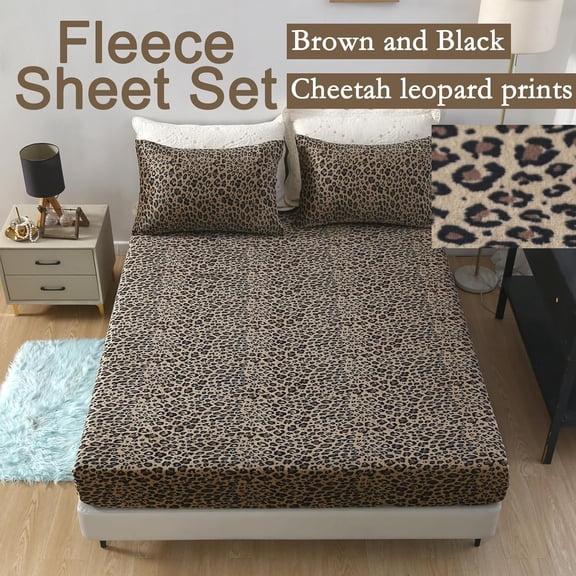3Pcs Cheetah Fleece Fitted Sheet Full Size, Super Cute Fluffy Warm Leopard Print Decor Bottom Sheets