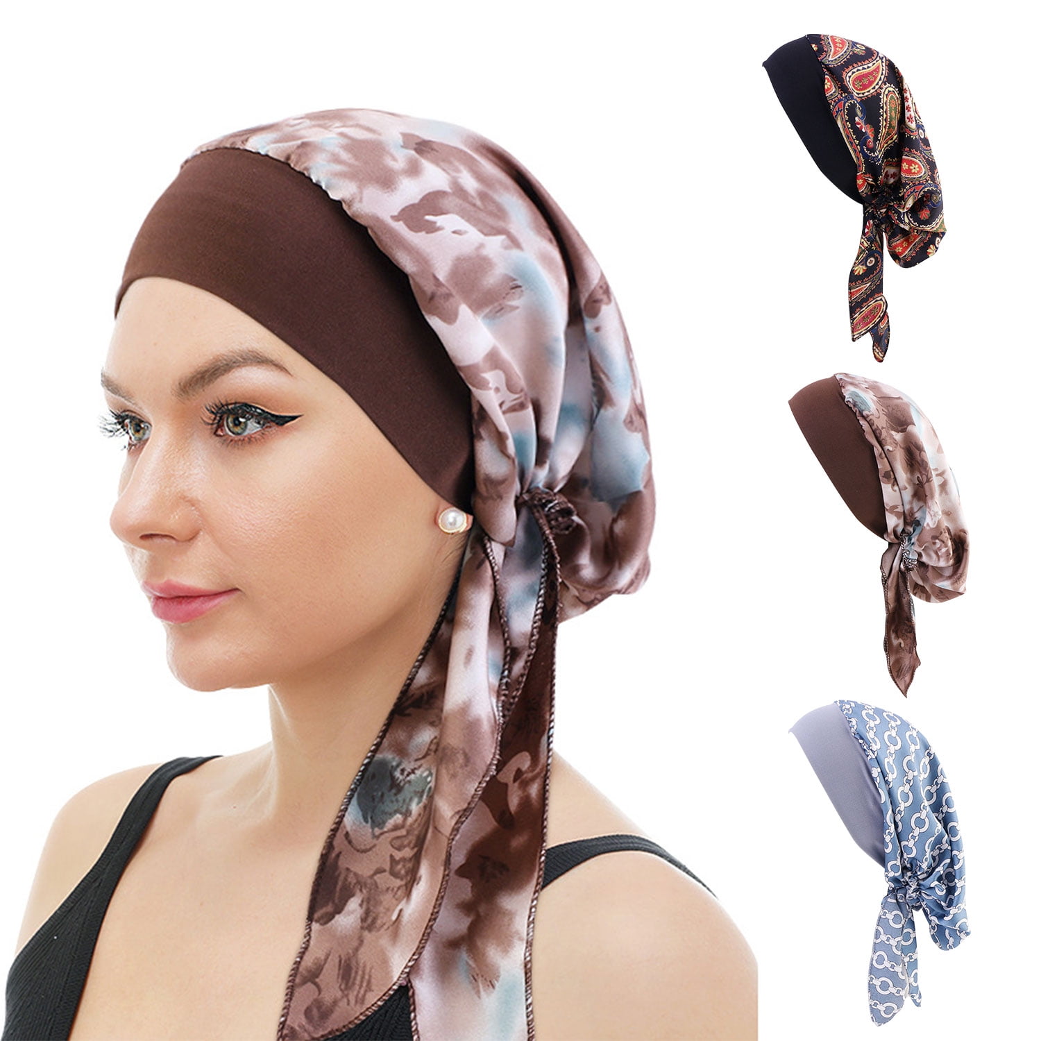 3Pcs Chemo Head Scarf Caps, Muslim Bandana Stretch Turban Hat, Pre Tied Headwear Scarf for Women (Black, Blue, Brown)