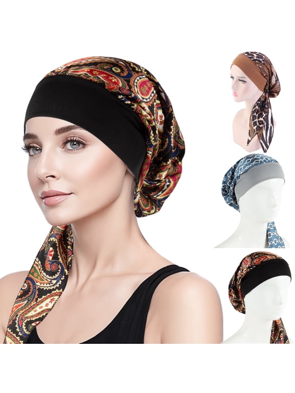 3Pcs Chemo Head Scarf Caps, Muslim Bandana Stretch Turban Hat, Pre Tied Headwear Scarf for Women (Black, Blue, Brown)