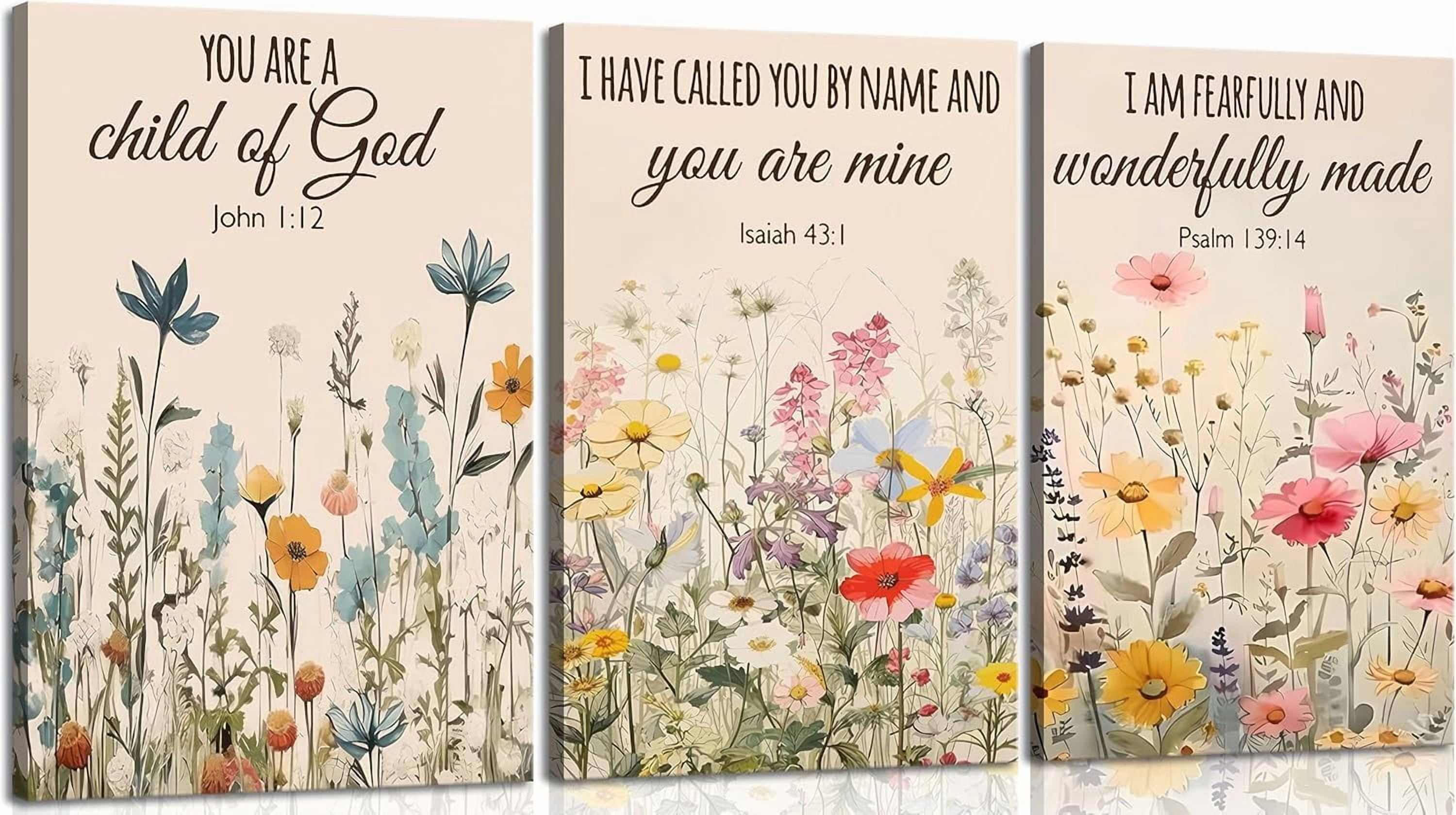 3Pcs Christian Flowers Canvas Wall Art Bible Verse Floral Paintings ...