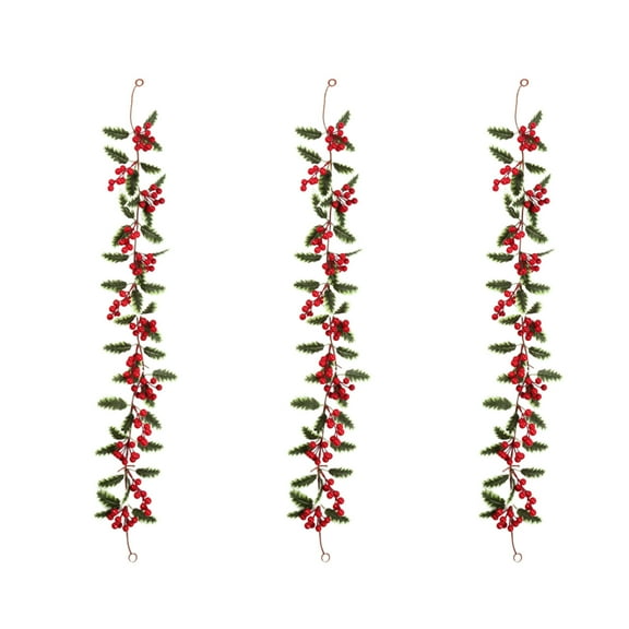 3Pcs Christmas Artificial Garlands Decorations 3.2Ft Xmas Berry Holly Leaves Garland Faux Greenery Garlands Winter Red Berries Hanging Vine for Fireplaces Door Christmas Wedding Party Home Decoration