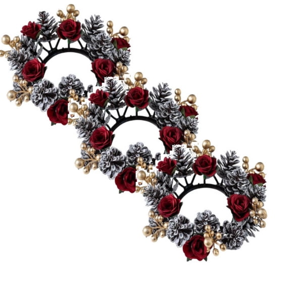 3Pcs Christmas Candle Wreath Rings, 6.3 Inch Small Tealight Holder Decor with Red Roses, Pine Cones, and Gold Leaves for Table Centerpiece, Wedding, and Holiday Decorations