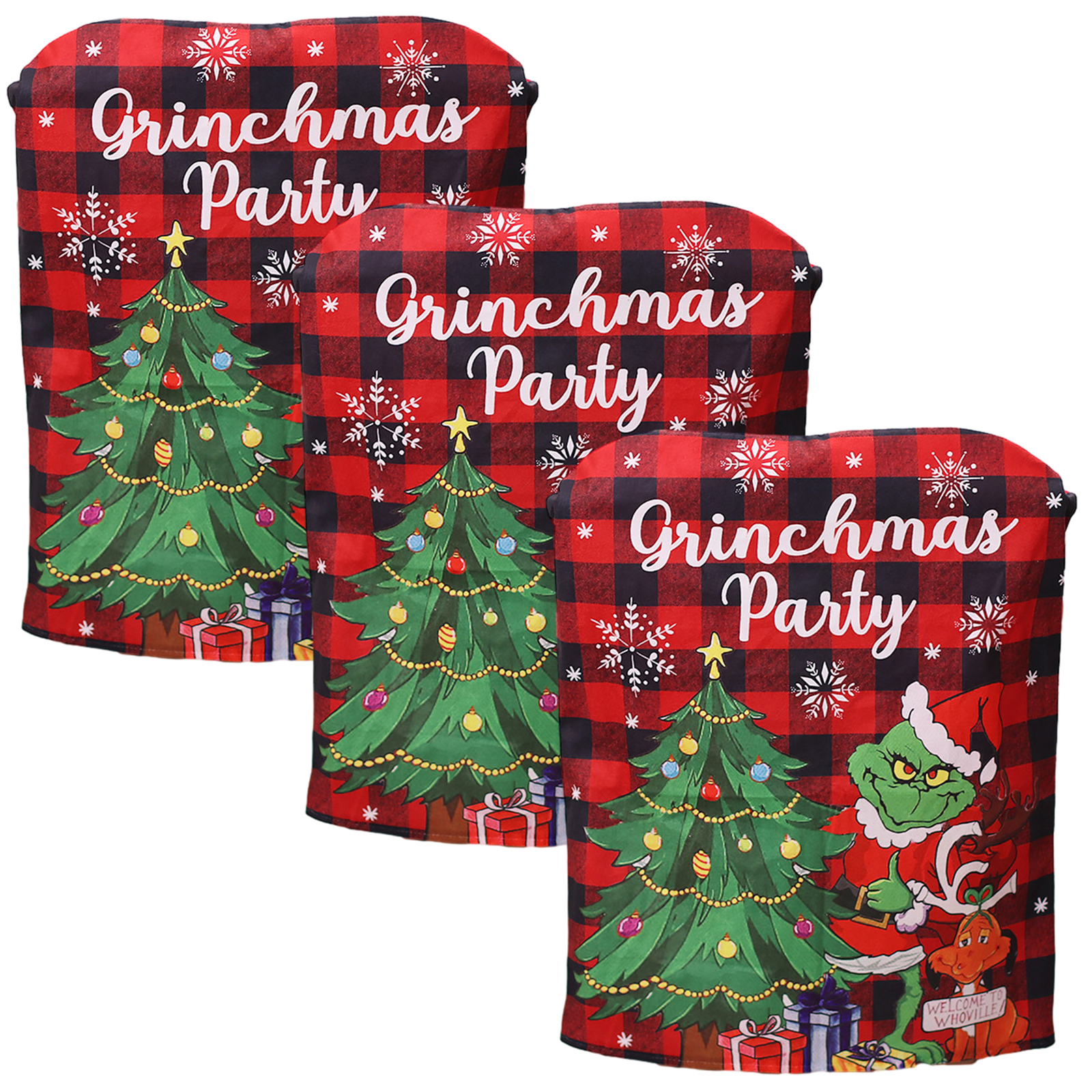 3Pcs Christmas Chair Cover Red NonWoven Fabrics Grinch Hat Chair Back