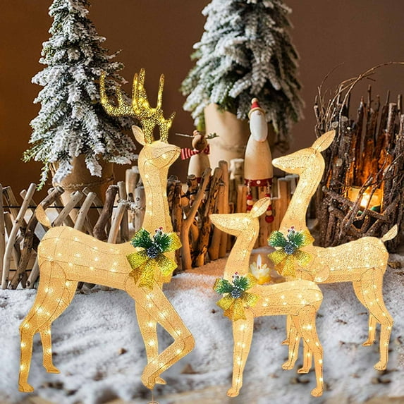3Pcs Christmas Decorations Indoor Christmas Decorations 3 Pcs Christmas Lights Reindeer Decoration Outdoor Deer Family With Warm White LED Lights Garden Ground Plug Yard Decoration