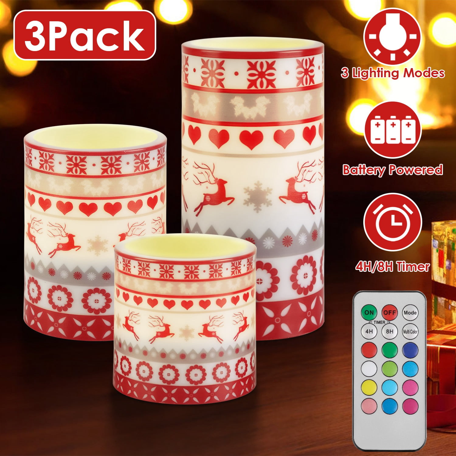 3Pcs Christmas Flameless LED Deer Candle, Flickering Candle Lights Pillar Candle w/ 3 Lighting Modes