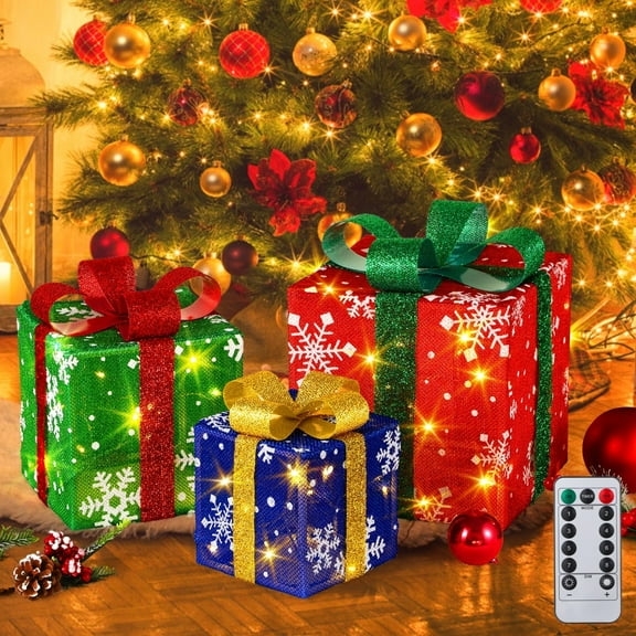 3Pcs Christmas Lighted Gift Boxes, LED Light-up Present Boxes, Christmas Tree Decorations, 3-Color Xmas Gift Boxes with Bows, Christmas Tree Skirt Ornaments for Indoor Outdoor Decor
