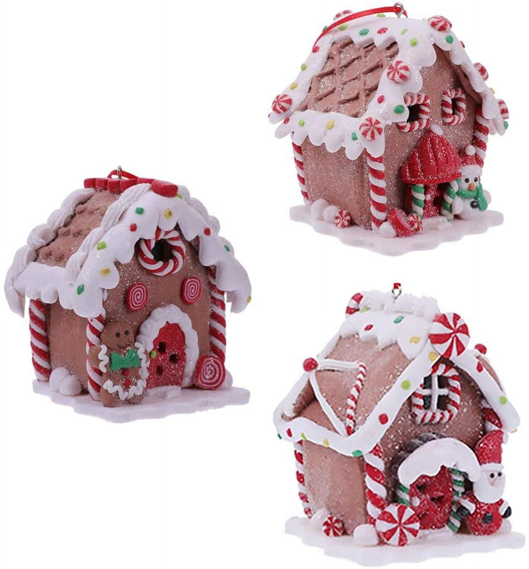 3Pcs Christmas Lighted Gingerbread House Ornament Miniature Christmas Village Houses Light up Candy House Xmas Tree Hanging Decoration