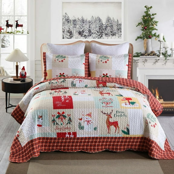 3Pcs Christmas Quilt Set Festive Bedspread with Deer Design Cozy Holiday Bedding for Winter