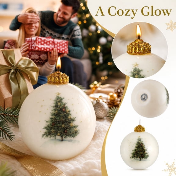 3Pcs Christmas Tree Ball Scented Candles, White Round Christmas Tree Printed Candle Ornaments, Festive Aromatherapy Candle for Holiday Tabletop & Home Decor