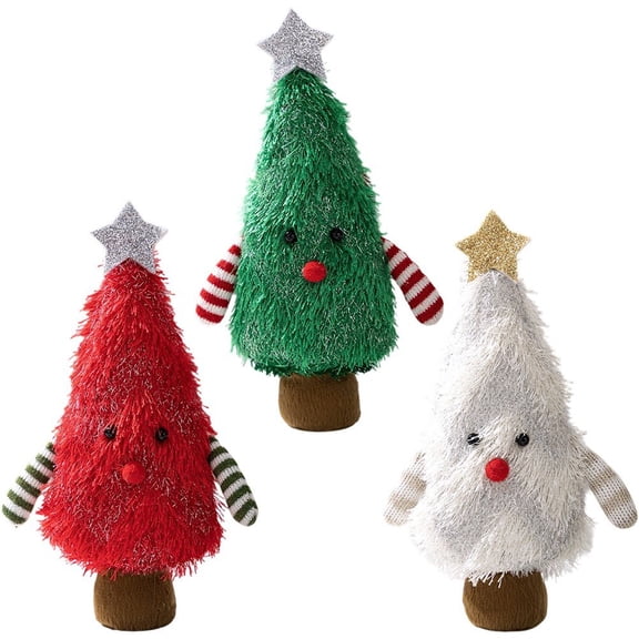 3Pcs Christmas Tree Shaped Cute Plush Doll, Holiday Decoration Soft Plush Christmas Tree Figurine for Party Office Desktop Mantel Fireplace Table Centerpiece