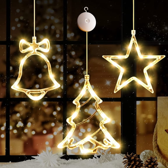 3Pcs Christmas Window Lights Decorations, Battery Powered Christmas Window Hanging Warm White Lighted Tree Bell Star Shaped LED Sucker Lamp for Xmas Tree Decor