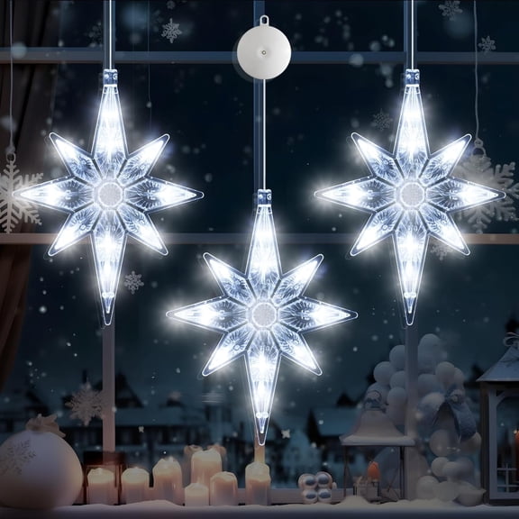 3Pcs Christmas Window Lights Decorations with Timer,Battery Powered Christmas Window Hanging White Lighted Lucky Star Shaped LED Sucker Lamp for Xmas Tree Fireplace Window Indoor Outdoor Decor