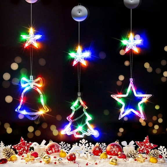 3Pcs Christmas Window Lights with Timer, Battery Operated LED Xmas Decorations with Suction Cup Hooks, Star, Bell & Tree Shaped Indoor Hanging Lights for Window Wall Holiday Party (Multicolor)