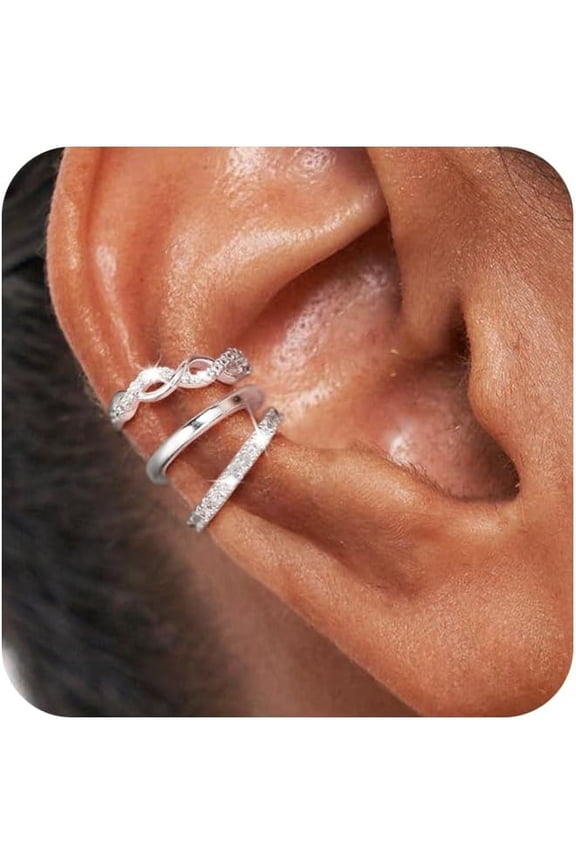 3Pcs Chunky/Thin Ear Cuff Non Piercing - Dainty 925 Sterling Silver Cubic Zirconia Huggie Cuffs Trendy Cuff Cartilage Earrings for Women Jewelry Gifts