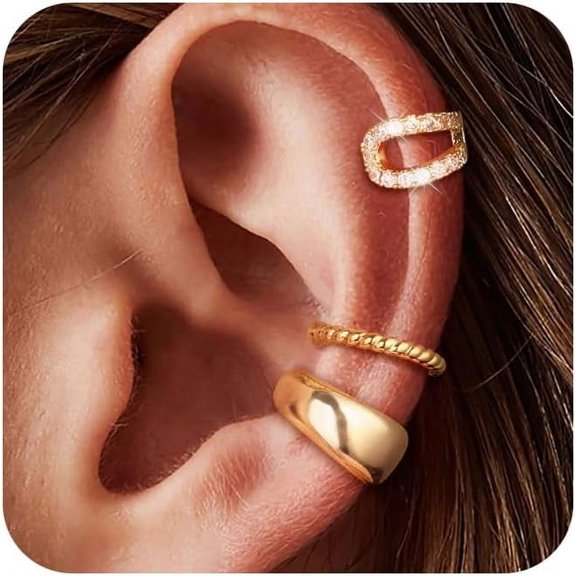3Pcs Chunky/Thin Ear Cuffs Non Piercing for Women - Dainty 14K Gold Plated Cuff Earring Trendy Cubic Zirconia Ear Cuff for Women Cartilage Jewelry Gift