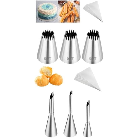 3Pcs Churro Piping Bags and Tips Set & 3Pcs Long Puff Nozzle Tips set with 10Pcs Disposable Piping Bags