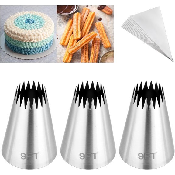3Pcs Churro Piping Bags and Tips Set,Stainless Steel 9FT Icing Tips Set with 10Pcs Disposable Piping Bags,Open Star Pastry Tips for Cake Decorating