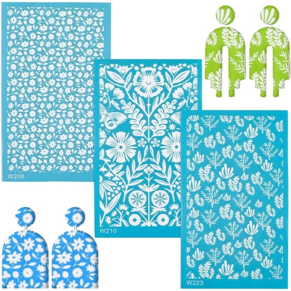 3Pcs Clay Silk Screen Stencils for Polymer Clay Leaf Reusable Silkscreen Printing Kit Working with Clay Earrings Jewelry Making Polymer Print Stencil Tools Nylon Impression Mat 3.5x5.8Inch for diy