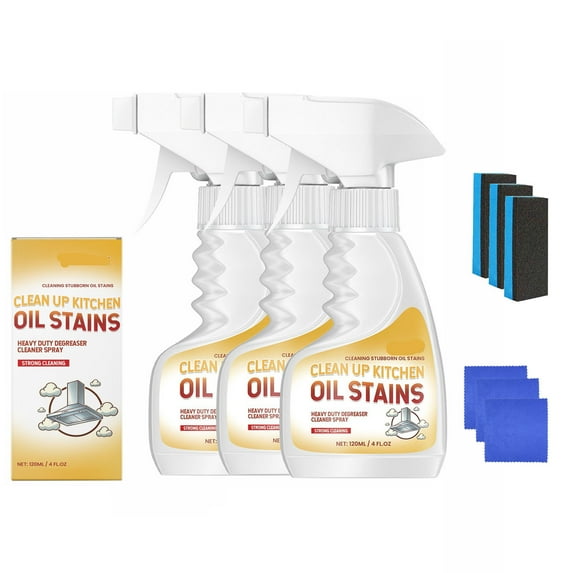 3Pcs Clean Up Kitchen Oil Stains, Heavy Oil Stain Cleaner Kitchen, Versatile Kitchens Foam Spray Cleaner, with 3 Cleaning Cloth and 3 Sponge, for Kitchens, Countertops, Range Hoods, Ovens (120ml)