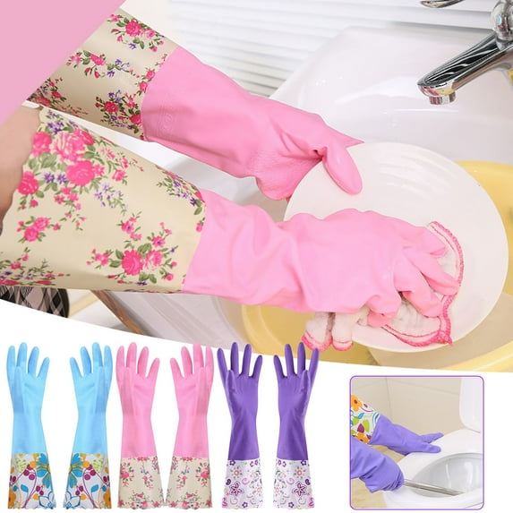3Pcs Cleaning Gloves, Yannianjz Winter Fleece Lined Cleaning Gloves, Flower Rubber Velvet Long Gloves for Dishwashing, Anti-Slip Household Washing Gloves for Kitchen and Car
