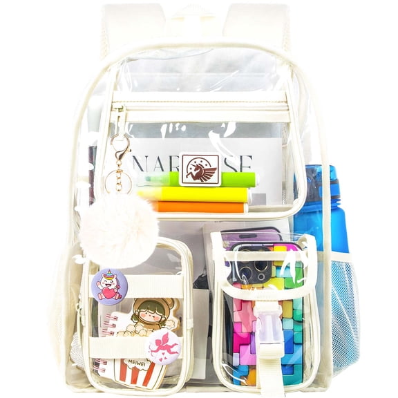 3Pcs Clear Backpack for School,Girls Transparent Bookbag with Lunch Box, Cute Heavy Duty See Through Backpacks for Teens Elementary (White)