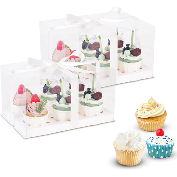 3Pcs Clear Cupcake Boxes,6 Count Cupcake Containers with Gift Ribbon,Plastic Cupcake Carrier Holder for Dessert Cookies Muffins Pastry (White/clear, 6 Count/3ps)