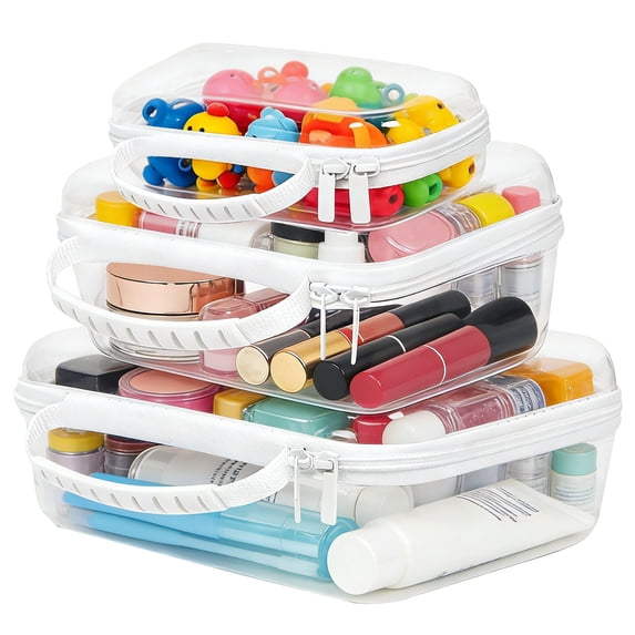 3Pcs Clear Hard Shell Zipper Case Portable Makeup Storage Box Waterproof Storage Bins Cosmetic Bag for Toiletry Travel