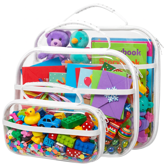 3Pcs Clear Hard Shell Zipper Case, Zipper Pouches for Toy Storage & Diaper Bag Organizer, Heavy Duty Travel Toiletry Bag with Handle & Side Mesh Pocket