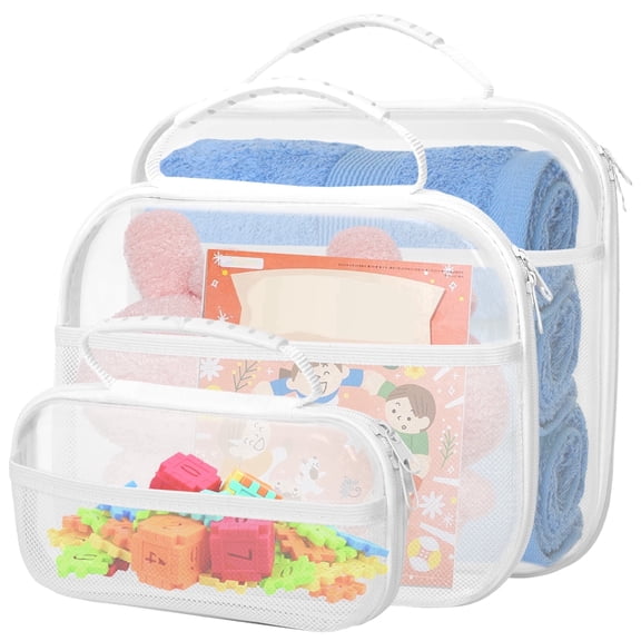 3Pcs Clear Hard Shell Zipper Case with Handle Clear Waterproof Zipper Pouch with Side Mesh Pocket for Toy Building Block Stationery