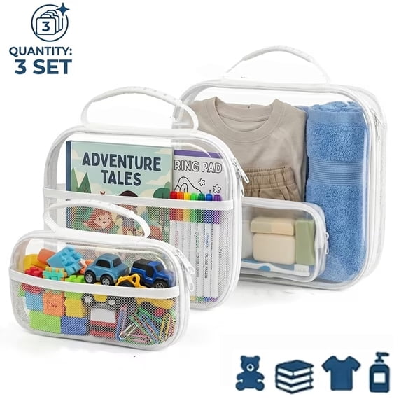 3Pcs Clear Hard Shell Zipper Case with Handle Clear Waterproof Zipper Pouch with Side Mesh Pocket for Toy Building Block Stationery