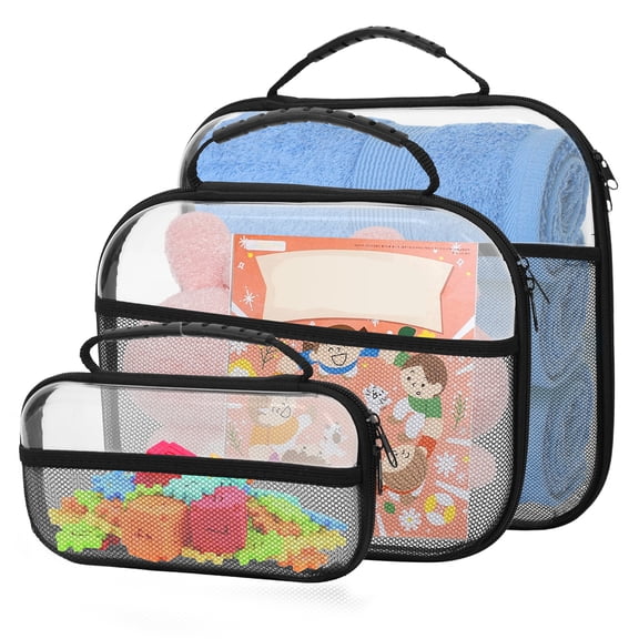 3Pcs Clear Hard Shell Zipper Case with Handle Clear Waterproof Zipper Pouch with Side Mesh Pocket for Toy Building Block Stationery
