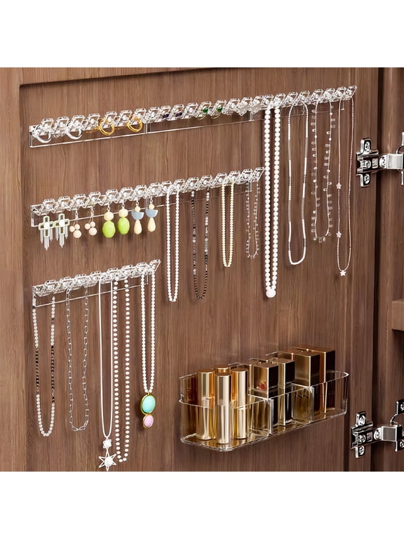 3Pcs Clear Jewelry Hanger Wall Mount Necklace Organizer Jewelry Hooks for Necklaces Earrings Chains Rings Bedroom Vanity Closet Space Saving Access