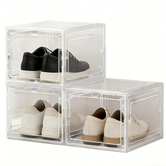 GUDEMAY Plastic Shoe Storage Organizer, Thickened Stackable Shoe Rack Box, Dustproof Display Organizer Case with Lids for Toys Jewelry, Clear, XL,3 Pack