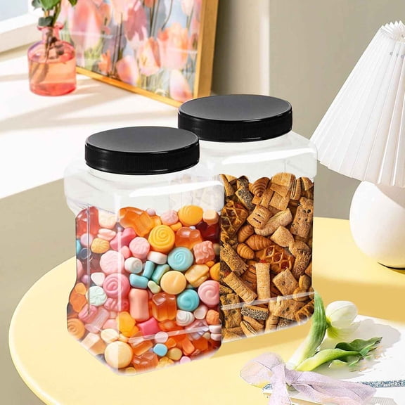 3Pcs Clear Square Plastic Jars, Wide Mouth Plastic Storage Jars with Lids, Large Airtight Food Storage Containers Canister for Dry Goods, Candy, Cookies, Kitchen and Pantry, Easy Grip