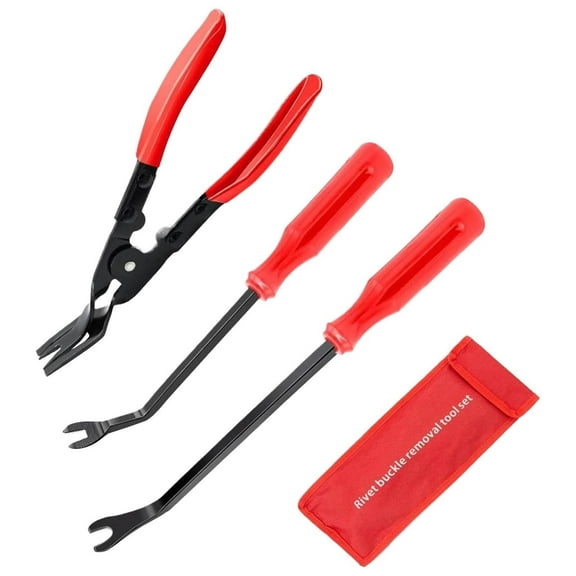 3Pcs Clip Pliers Set and Fastener Remover,Auto Upholstery Combo Repair Kit,Heavy Duty Pry Tool Clip Removal Tool Staple Puller,Upholstery Tools for Car Panel Dashboard,Tacks,Auto Clip Fasteners(Red)