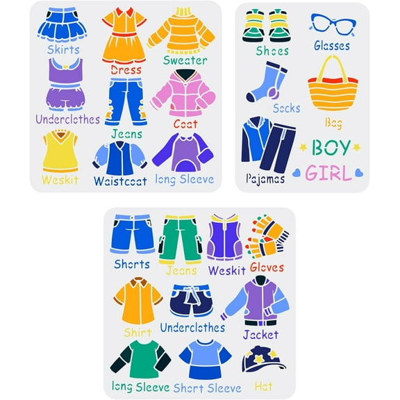 3Pcs Clothes Pattern Stencils for Painting Reusable Costume Drawing Template Skirts Shirts Shoes Pattern Painting Stencils for DIY Crafts Home Decor Wardrobe Clothing Classification Mixed Color