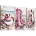 thumbnail image 1 of 3Pcs Coastal Western Cowgirl Canvas Wall art Pink Flower Boots Hat Horse Aesthetic Painting Pictures Wall Decor Southern Girl Trendy Preppy Posters Print Artwork for Girls Room Bedroom Dorm, 1 of 6