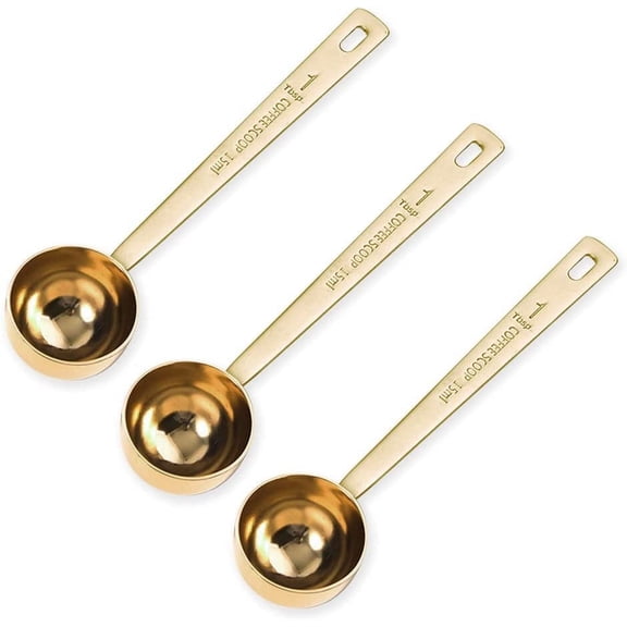 3Pcs Coffee Measuring Scoop Spoons, Stainless Steel Coffee Scoop, Long Handle Tablespoon for Measuring Coffee, Milk Powder, Fruit Powder, Tea, Sugar, Grains, Flour and Protein (Gold)