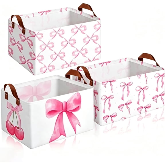 3Pcs Collapsible Storage Bins with Handles, Large Canvas Storage Baskets with Pink Bow Prints, Foldable Storage Boxes for Closet Organization, Laundry Storage, Bedroom, Office & Under Bed Storage