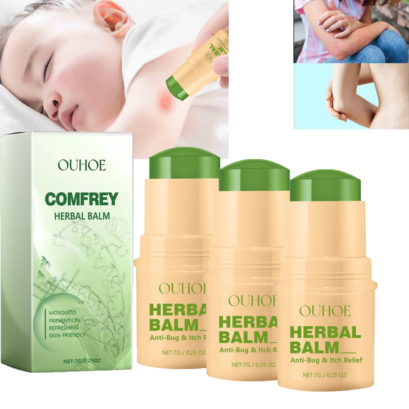 3Pcs Comfrey Cream, Natural Mosquito Repellent Balm, Kids Baby Mosquito Bites Flea Multi-effect Repair Soothing Repellent Relief Itch Cream, Bites Insect Treatments For Outdoor Camping Travel