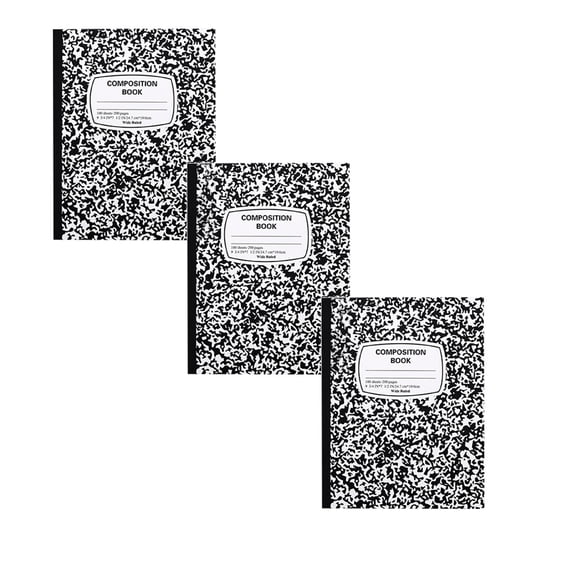 3Pcs Composition Notebook 1 Pack B5 Wide Ruled 100 Sheets Marble Cover 9.7x7.5in Sewn Binding,Black