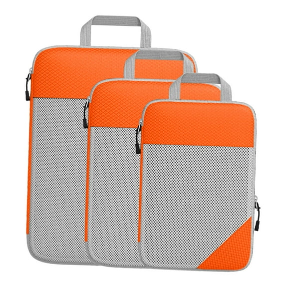 3Pcs Compression Packing Cubes, Luggage Packing Organizers Breathable Toiletry Bags Travel Storage Bags for Family Vacations Orange