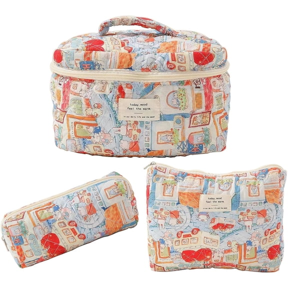 3Pcs Cotton Quilted Makeup Bag Large Travel Cosmetic Bag Coquette Makeup Pouch Cute Aesthetic Floral Toiletry Bag for Women Girls