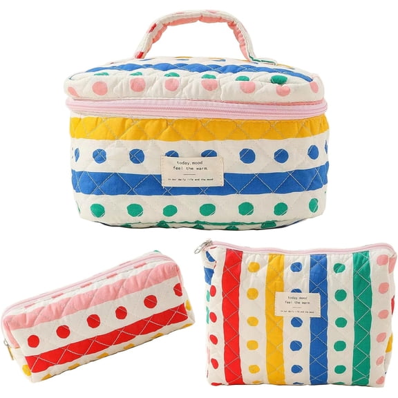3Pcs Cotton Quilted Makeup Bag Large Travel Cosmetic Bag Coquette Makeup Pouch Cute Aesthetic Floral Toiletry Bag for Women Girls
