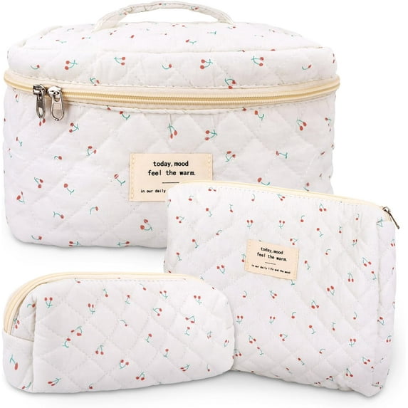 3Pcs Cotton Quilted Makeup Bag Large Travel Cosmetic Bag Coquette Makeup Pouch Cute Aesthetic Floral Toiletry Bag for Women Girls