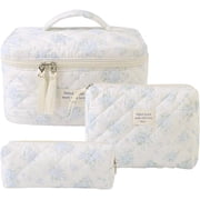 3Pcs Cotton Quilted Makeup Bag Large Travel Cosmetic Bag Coquette Makeup Pouch Cute Aesthetic Floral Toiletry Bag for Women Girls