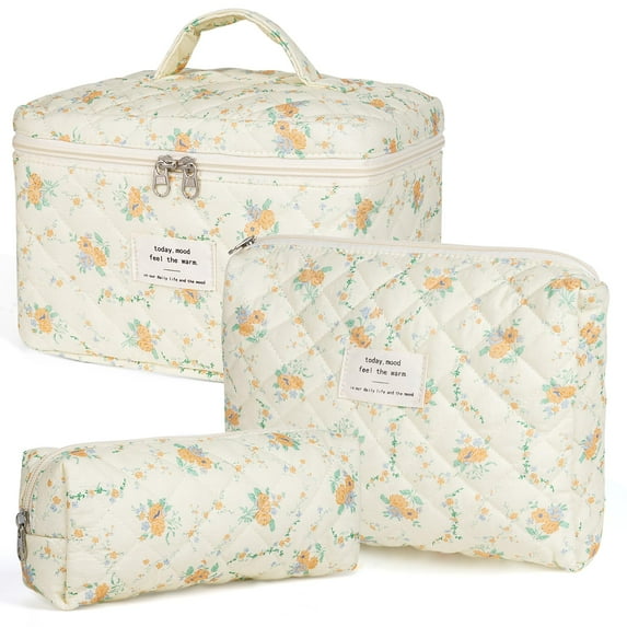 3Pcs Cotton Quilted Makeup Bag Set,Large Floral Cosmetic Bag,Aesthetic Toiletry Travel Makeup Bag Set and Cute Flower Bag for Women Girls
